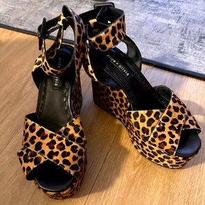 ALICE AND OLIVIA Violet Genuine Calf Hair Leopard Print Wedge Sandal,BRAND NEW